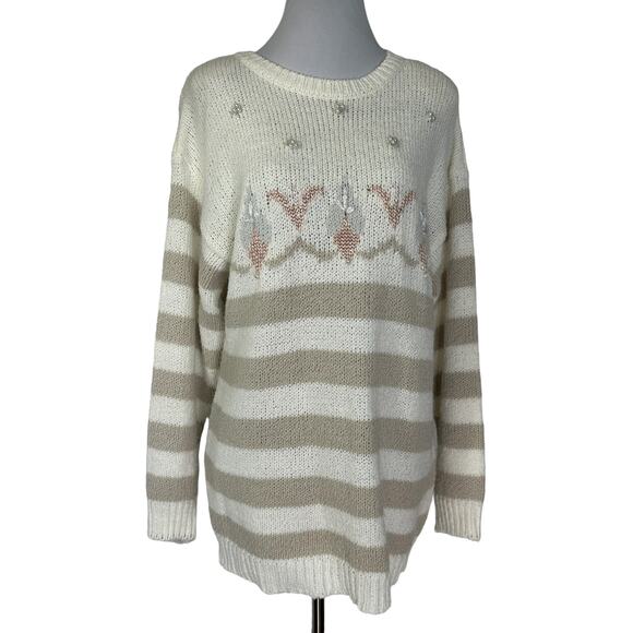 Vintage 1980s Beldoch Popper Cream Ivory Striped Acrylic Embellished Sweater M - Picture 6 of 8